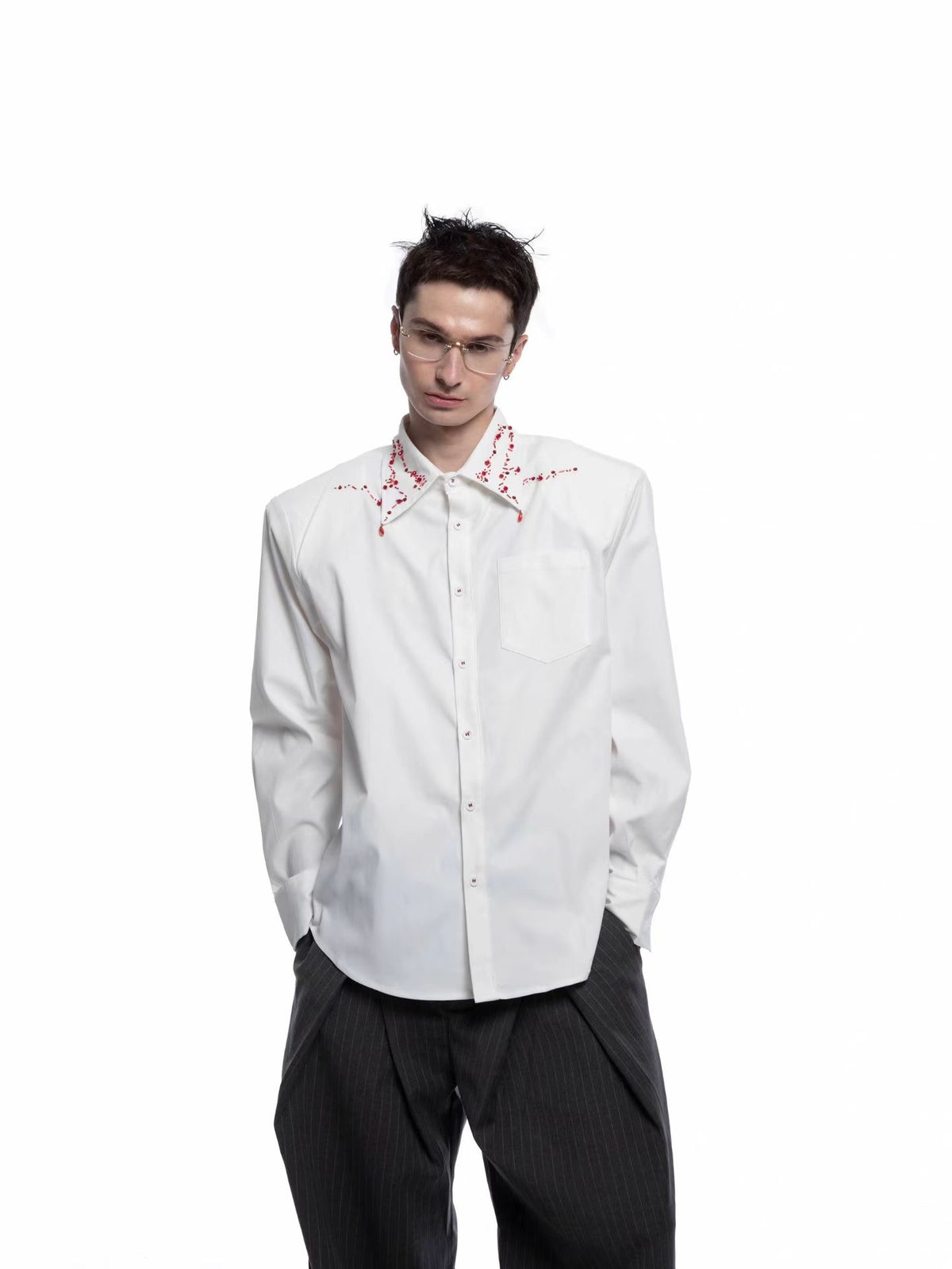 Oversized Red Floral Embroidered Collar Shirt
