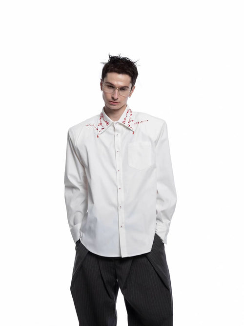 Oversized Red Floral Embroidered Collar Shirt