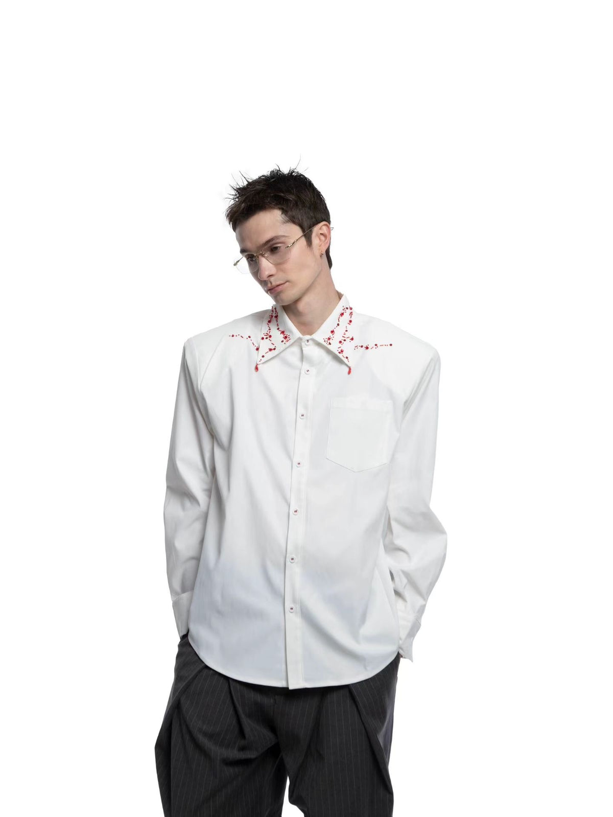 Oversized Red Floral Embroidered Collar Shirt