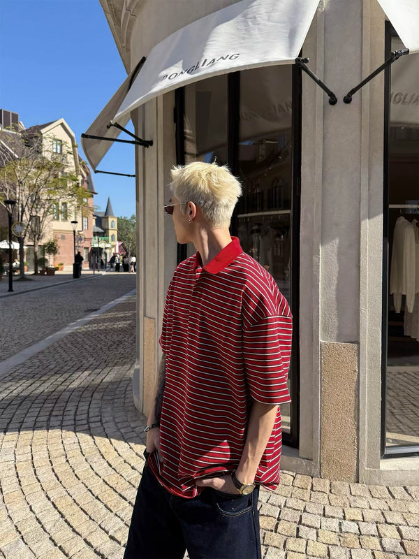 DONGLIANG Oversized Striped Polo Shirt