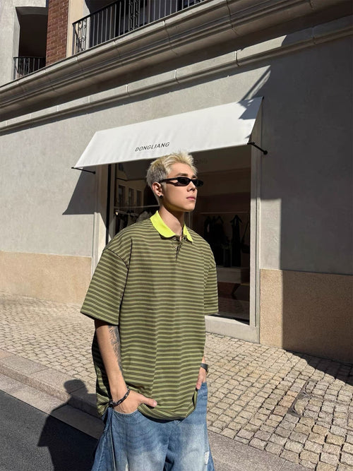 DONGLIANG Oversized Striped Polo Shirt