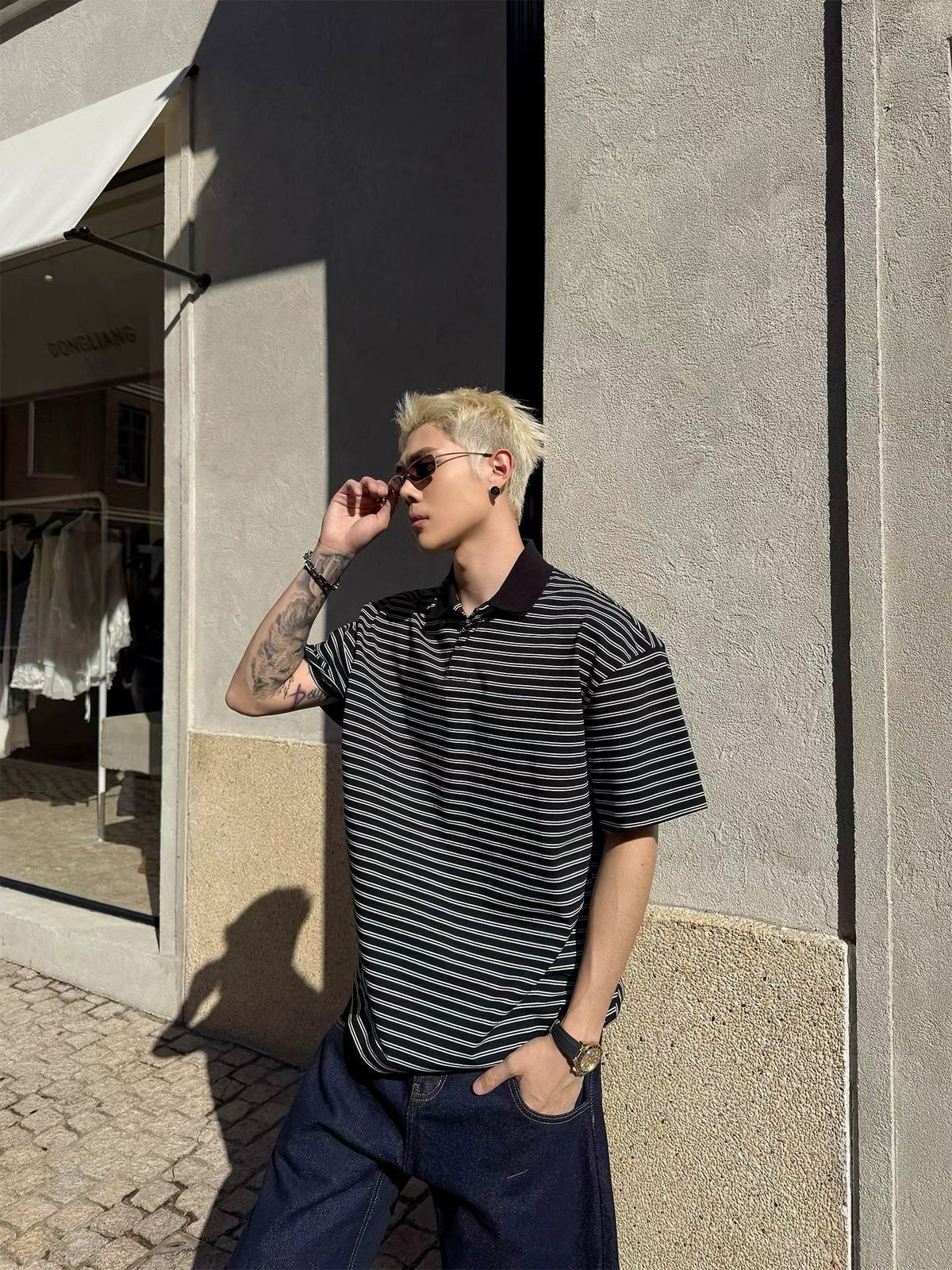 DONGLIANG Oversized Striped Polo Shirt