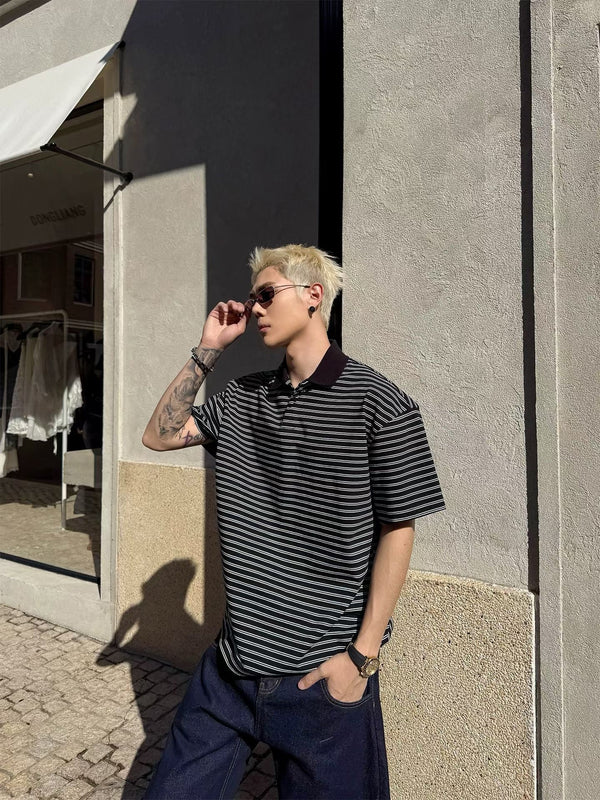 DONGLIANG Oversized Striped Polo Shirt