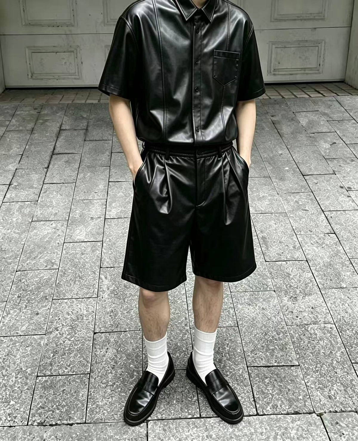 Faux Leather Short Sleeve Shirt + Shorts Co-ord Set