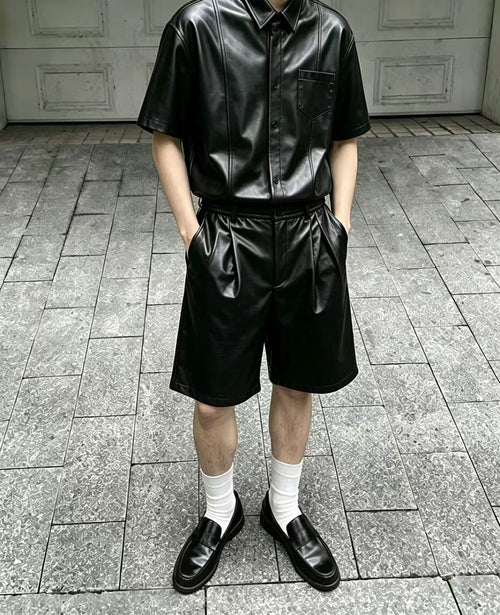 Faux Leather Short Sleeve Shirt + Shorts Co-ord Set