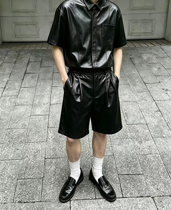 Faux Leather Short Sleeve Shirt + Shorts Co-ord Set