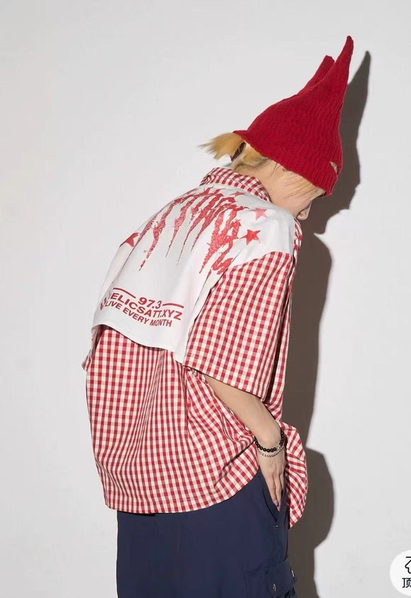 RELICSATT.XYZ Gingham Graphic Print Short Sleeve Shirt